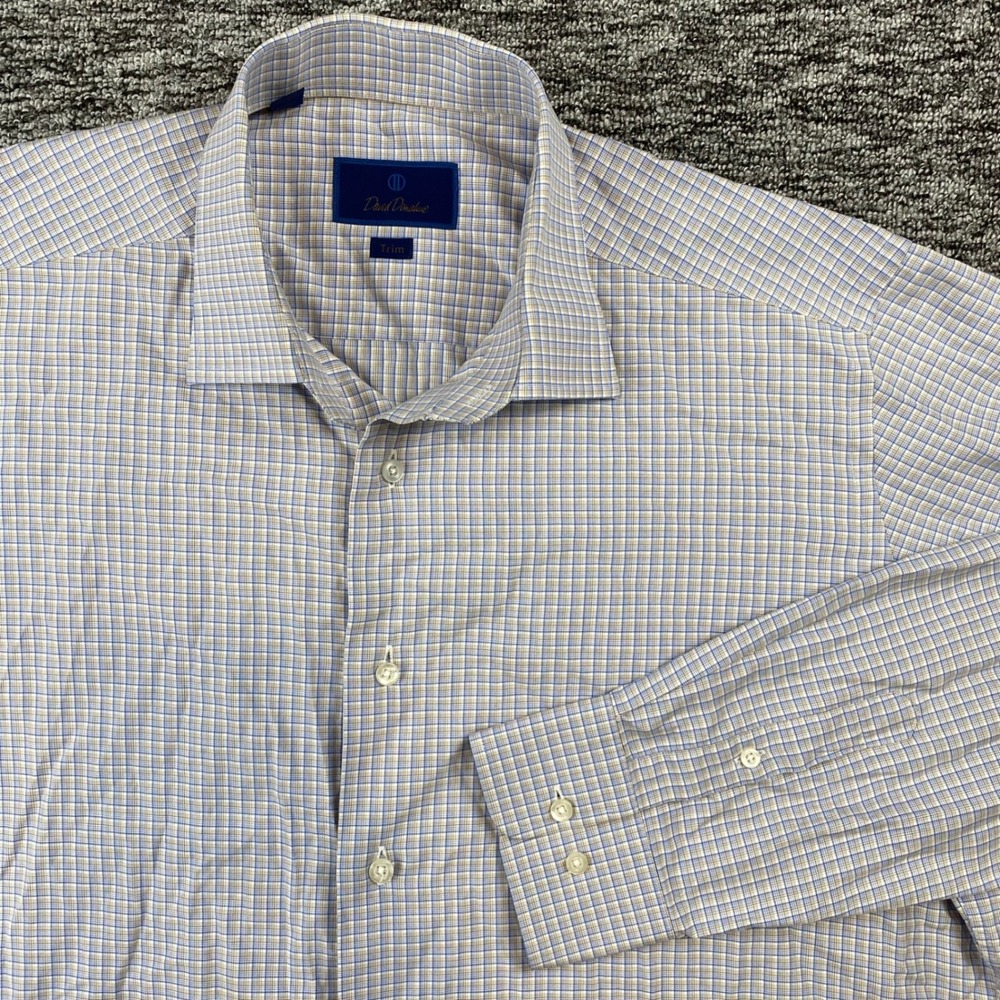 David Donahue Mens Trim Fit Dress Shirt Blue Tan Micro Check 17 34/35 Cotton